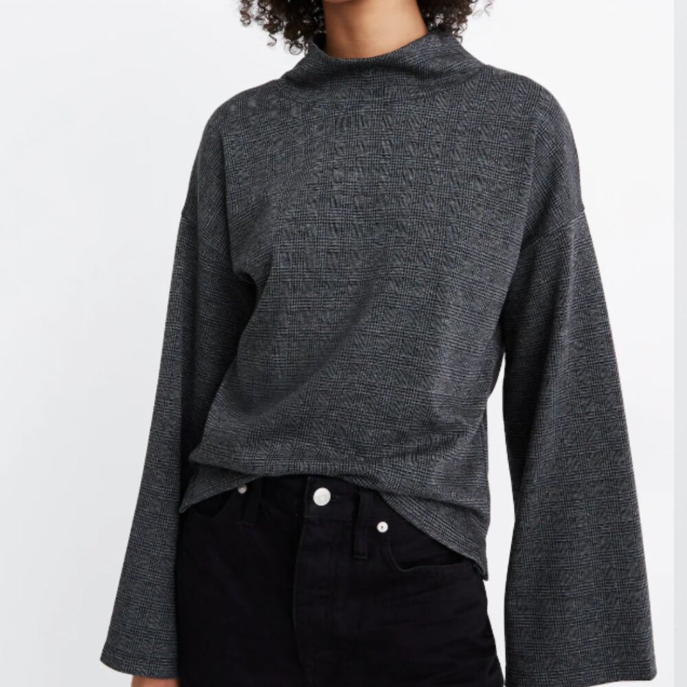 MADEWELL Wide-Sleeve Mockneck Top in Glen Plaid Grey Size Small AD034